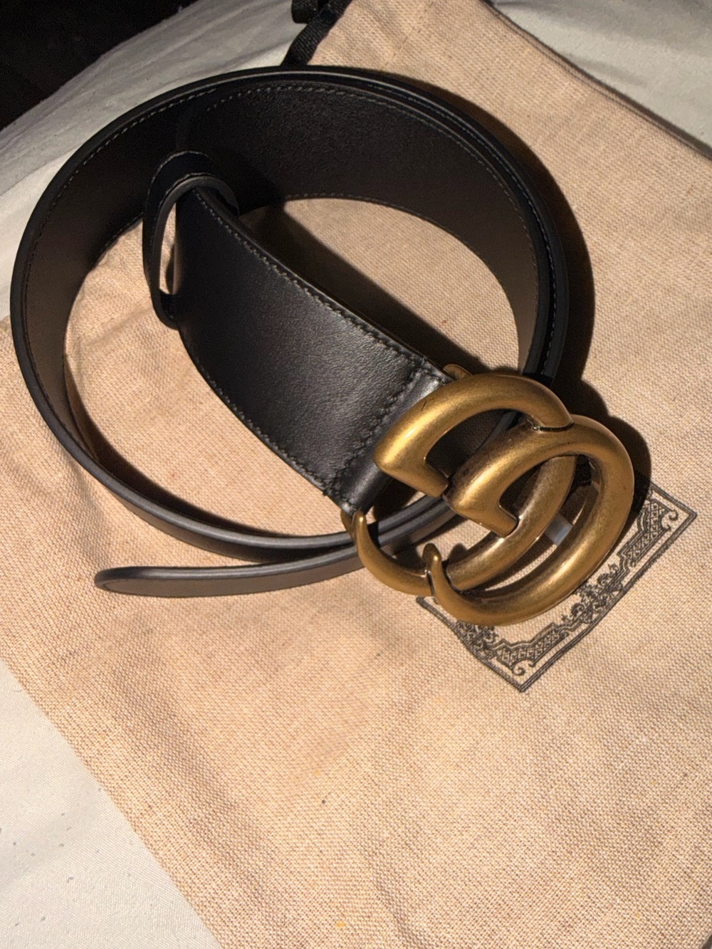 Authentic Gucci Black Leather Belt with Antiqued Gold Double G Buckle